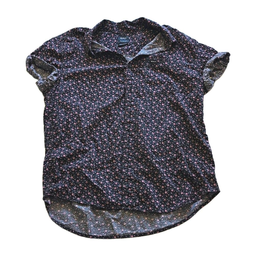 RVCA Men Women M Short Sleeve Regular Fit Floral Button-Up Shirt Black Cotton
